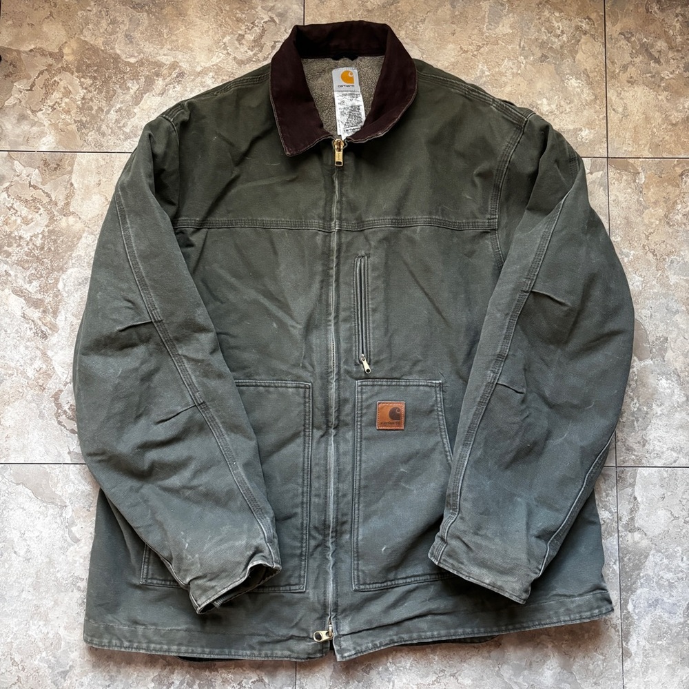 VTG Carhartt C61 ARG Jacket 2XL Green Collar Chore Duck Canvas Sandstone Sherpa